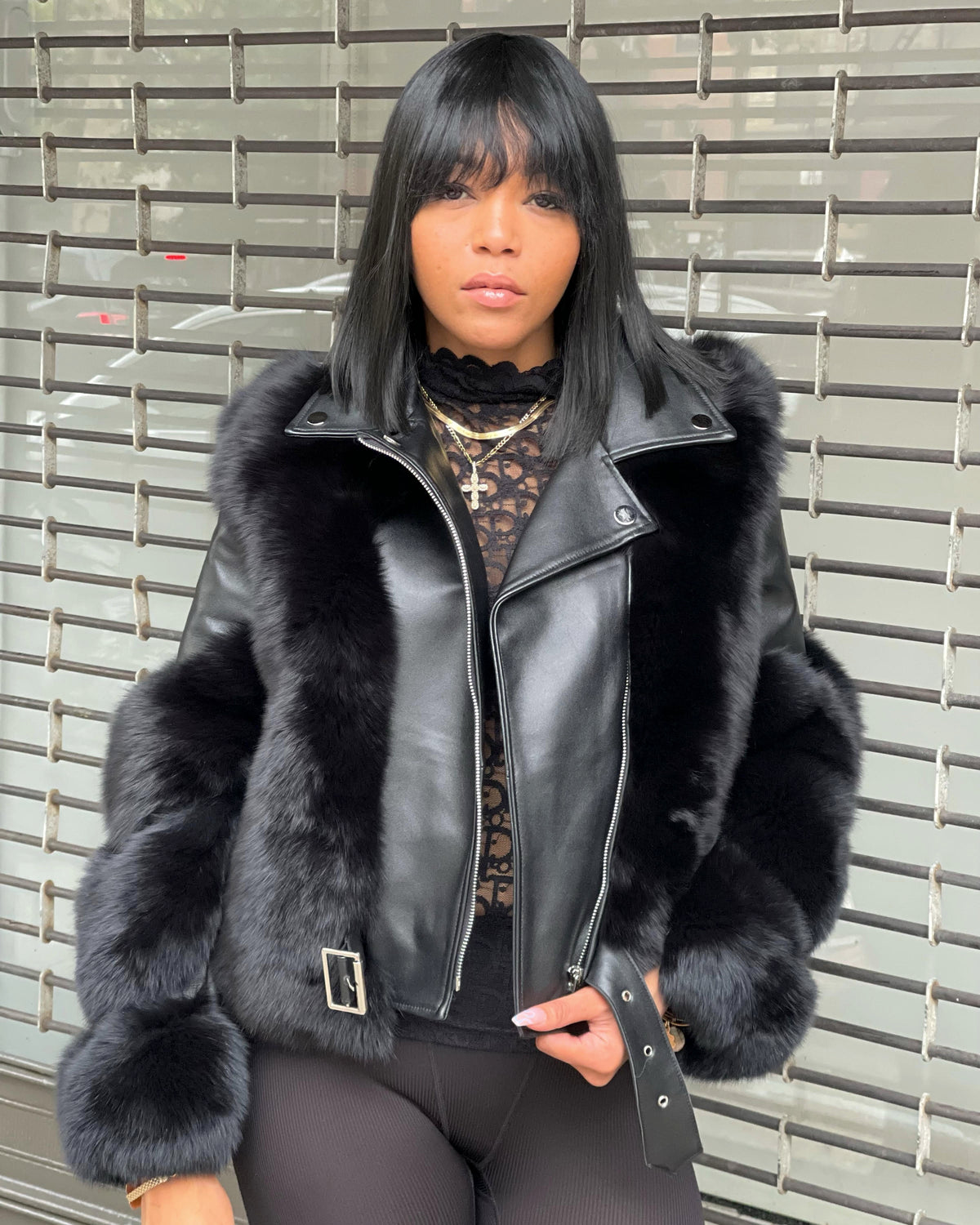 WOMEN MOTO- BLACK MOTO WITH FOX FUR TRIMMING