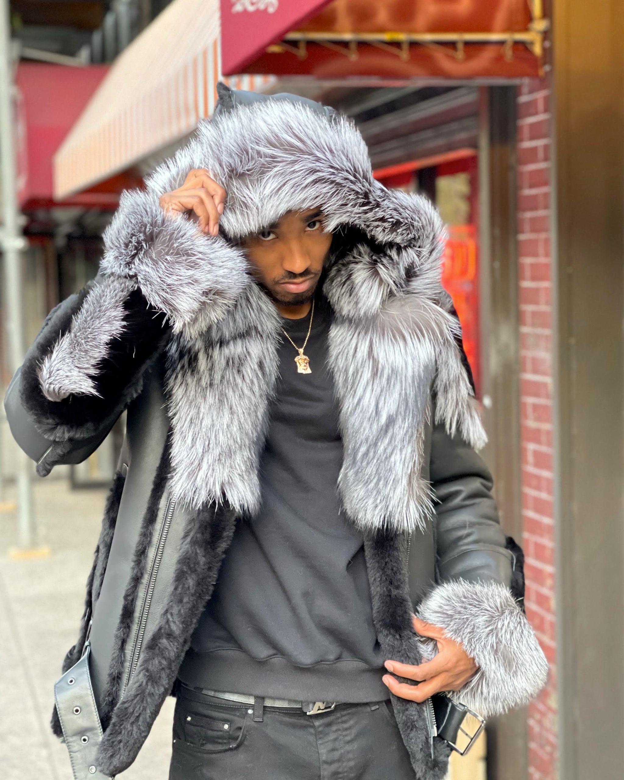 MEN SHEARLING- BLACK BIKER STYLE WITH SILVER FOX FUR & HOOD