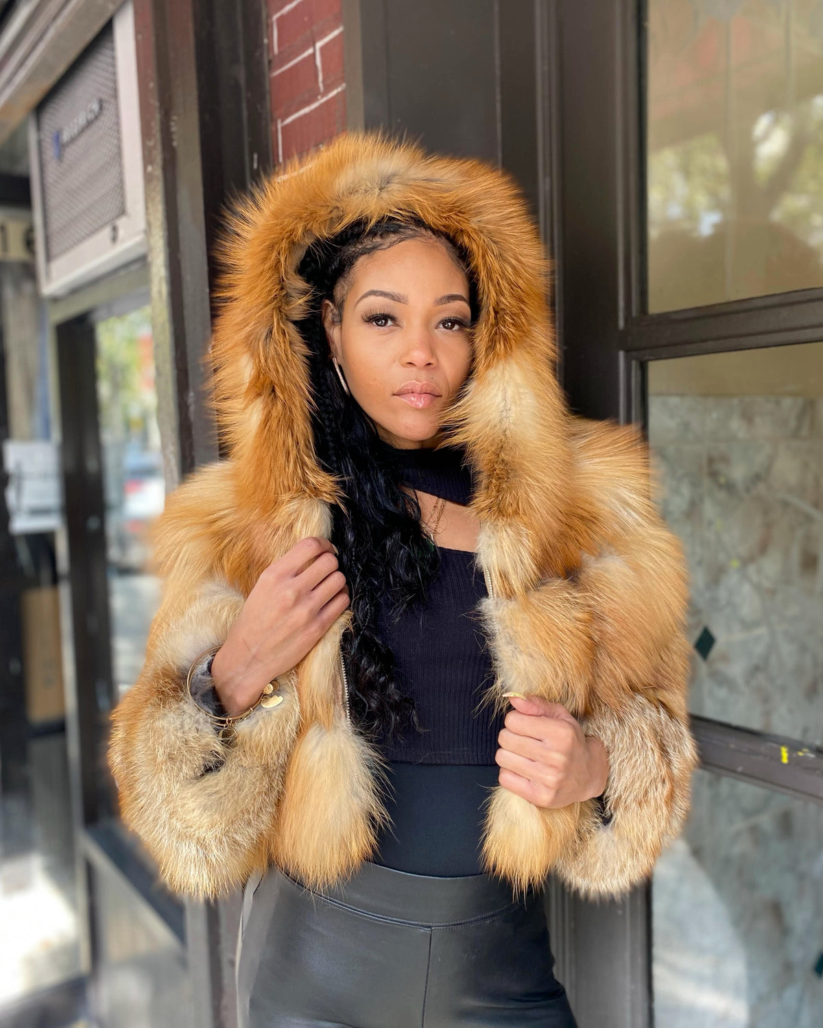 WOMEN CROP TOP- RED FOX FUR WITH HOOD