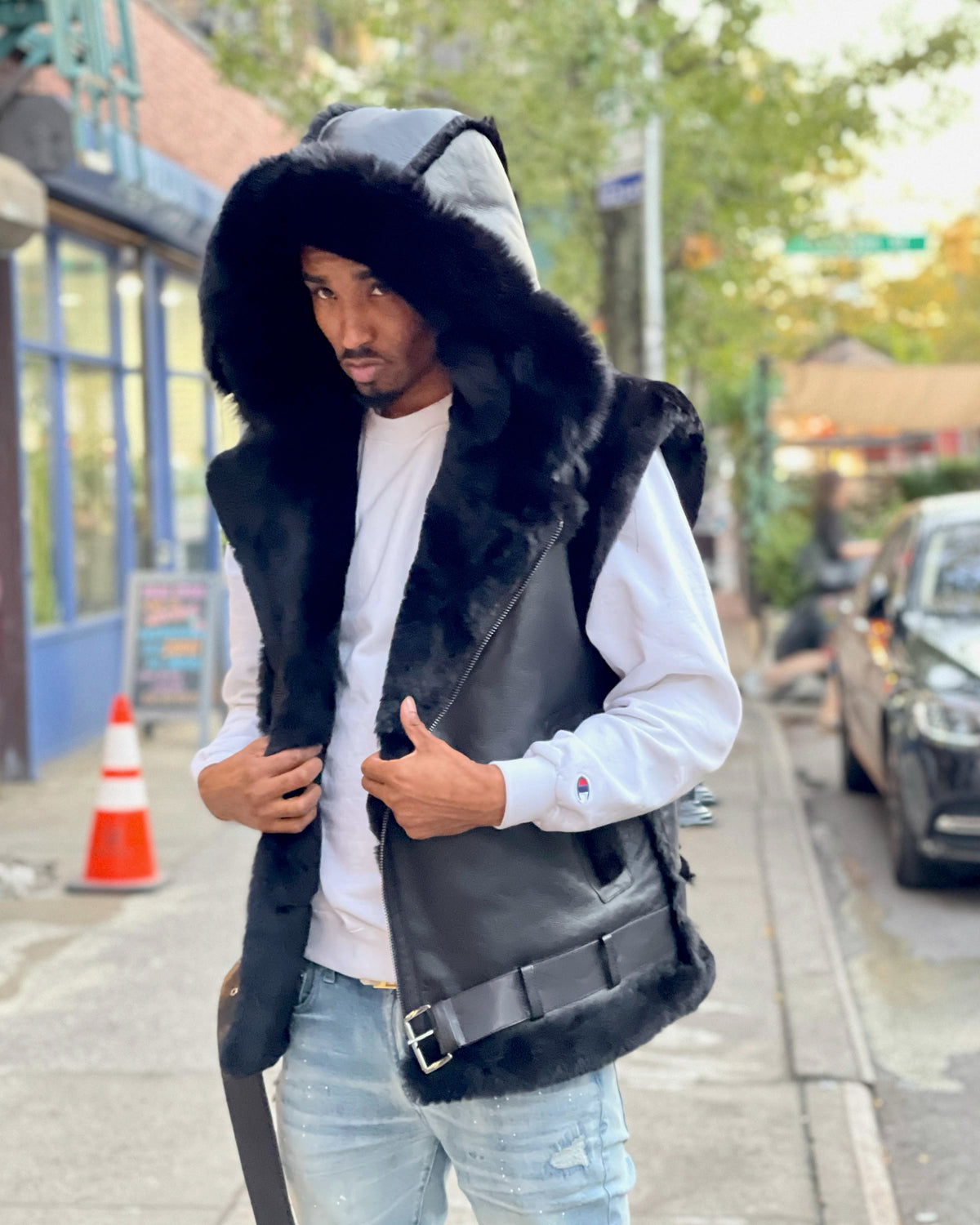 MEN SHEARLING VEST- BLACK WITH BLACK FOX HOOD