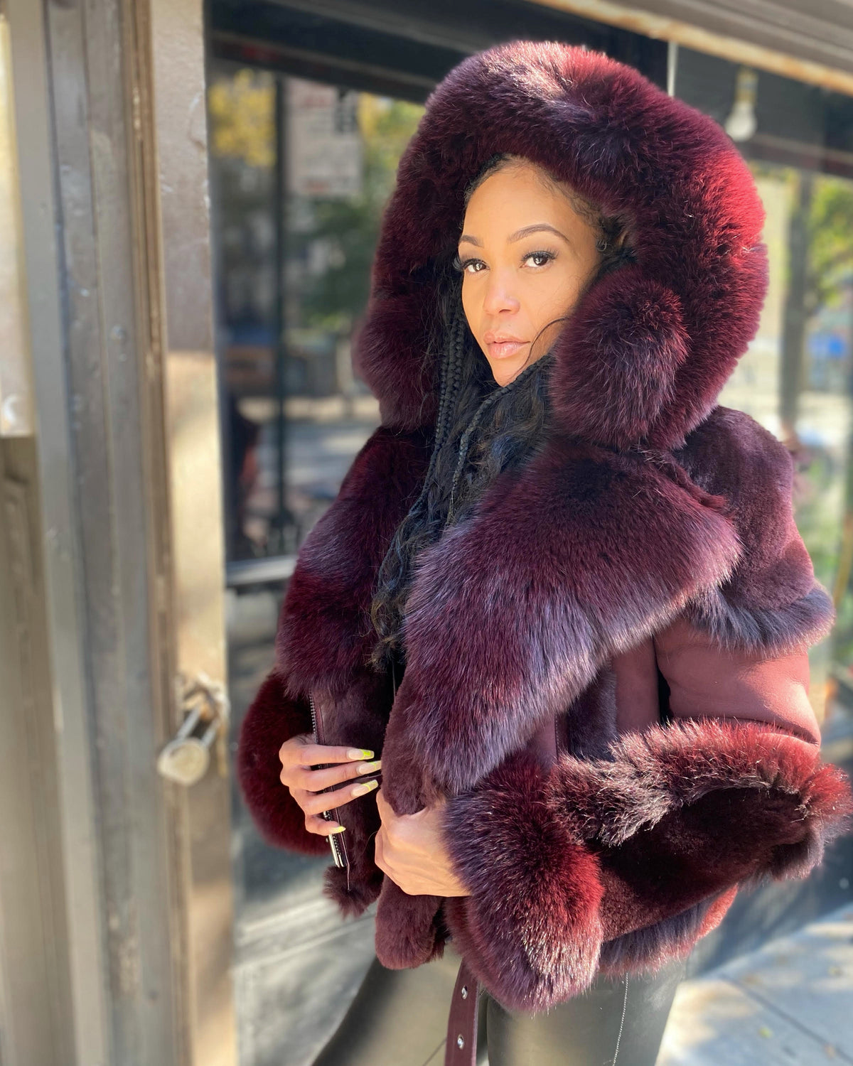 WOMEN SHEARLING- BURGUNDY BIKER STYLE WITH FOX HOOD