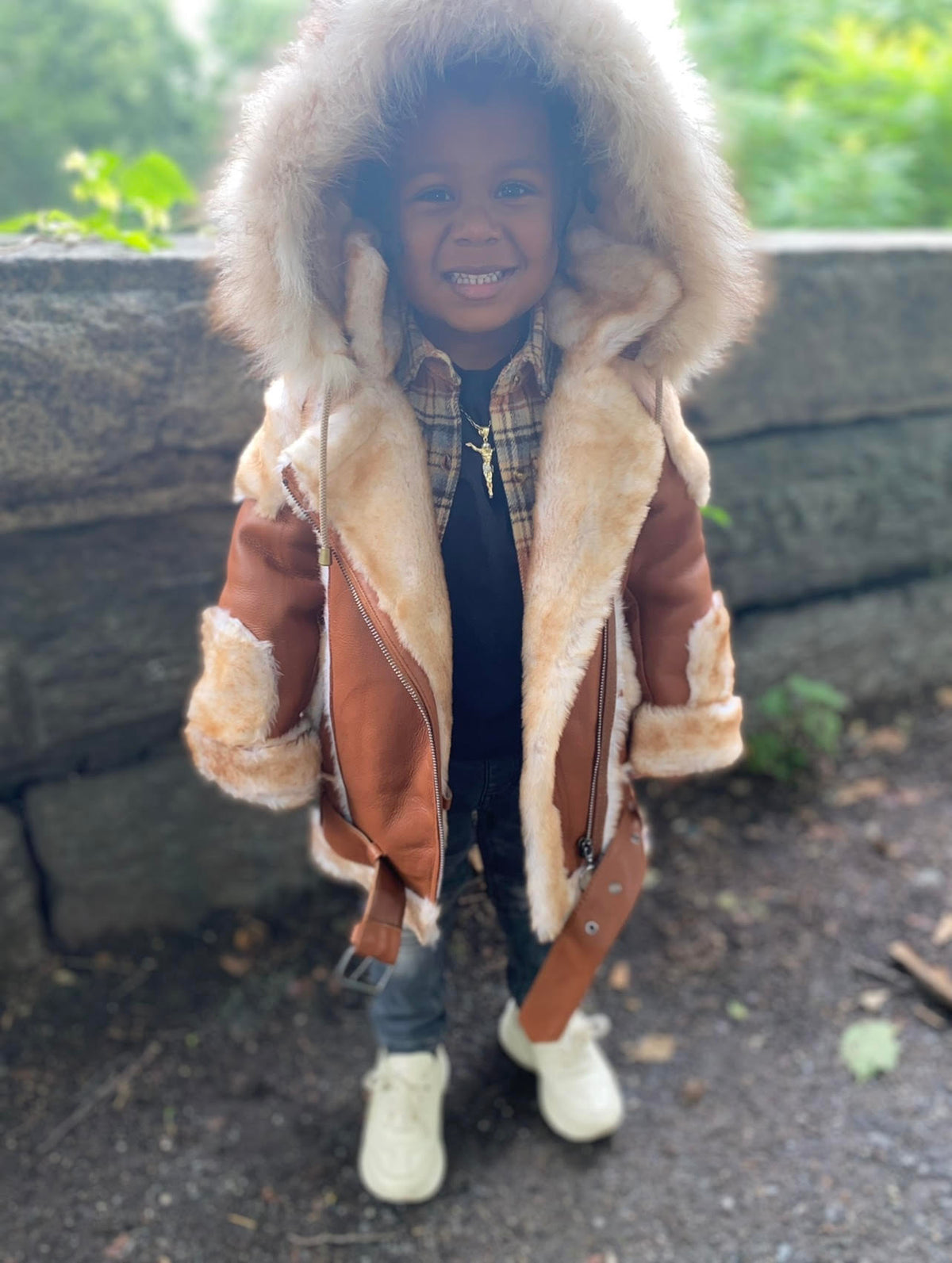 KIDS- COGNAC BROWN 3/4 BIKER STYLE WITH HOOD