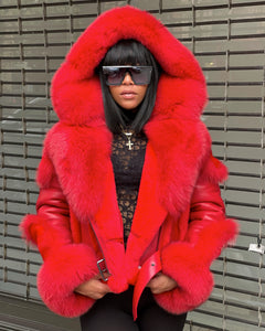 WOMEN SHEARLING- RED BIKER STYLE WITH RED FOX HOOD