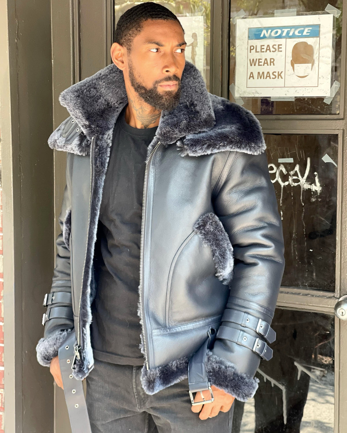 MEN SHEARLING-  NAVY BLUE AVIATOR DOUBLE COLLAR