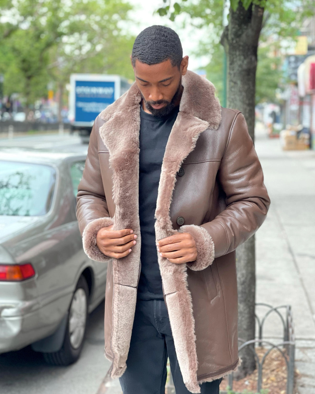 MEN SHEARLING- BROWN 3/4 PEACOAT STYLE