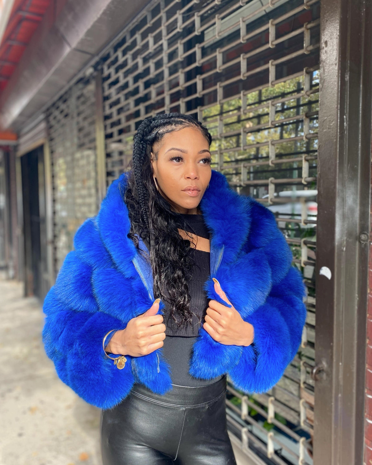 WOMEN CROP TOP- ELECTRIC BLUE FOX FUR WITH HOOD