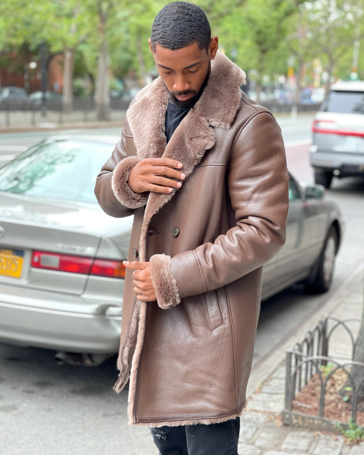 MEN SHEARLING- BROWN 3/4 PEACOAT STYLE