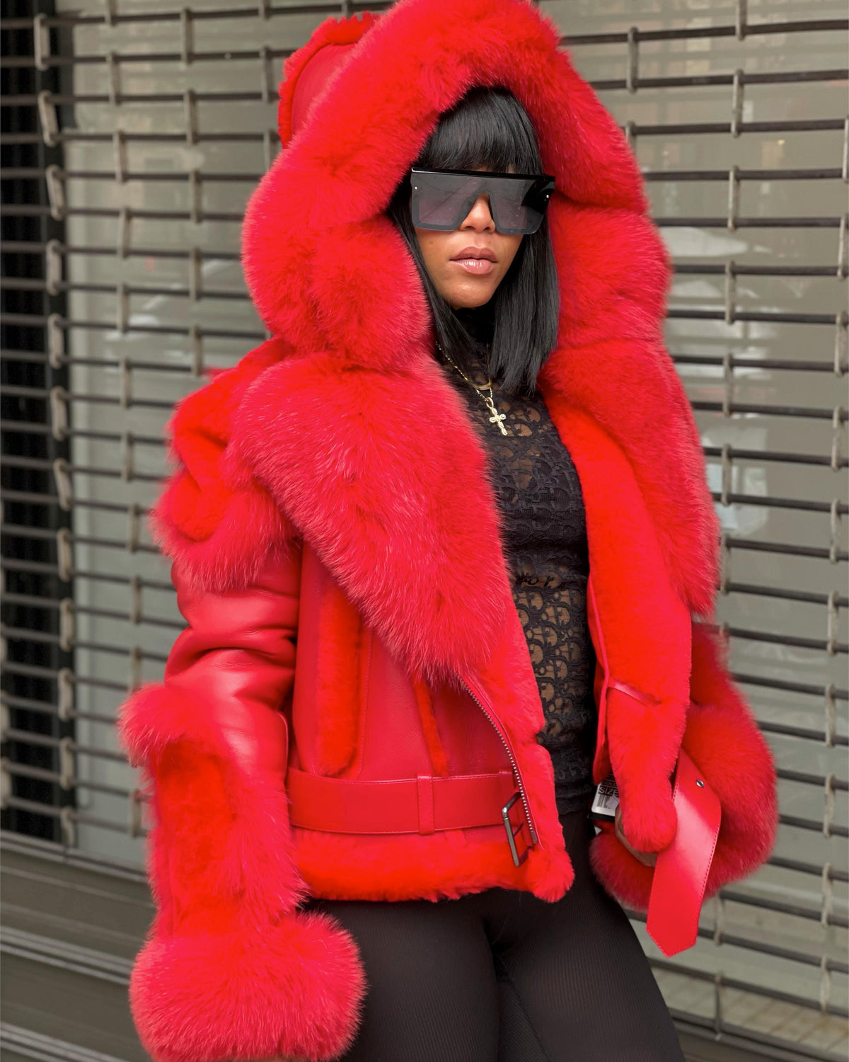 WOMEN SHEARLING- RED BIKER STYLE WITH RED FOX HOOD