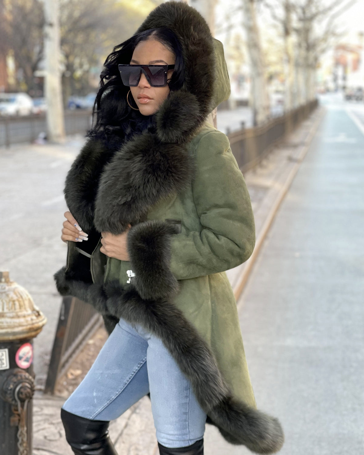 WOMEN SHEARLING- GREEN LONG LENGTH WITH GREEN FOX FUR