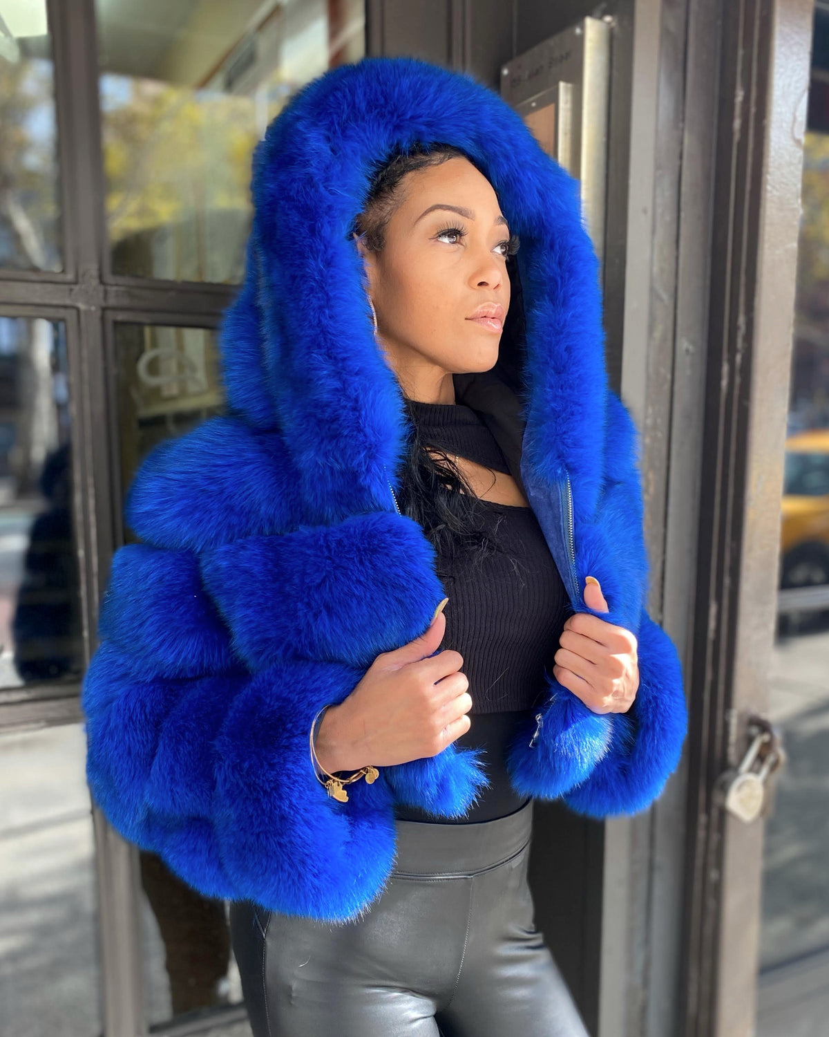 WOMEN CROP TOP- ELECTRIC BLUE FOX FUR WITH HOOD