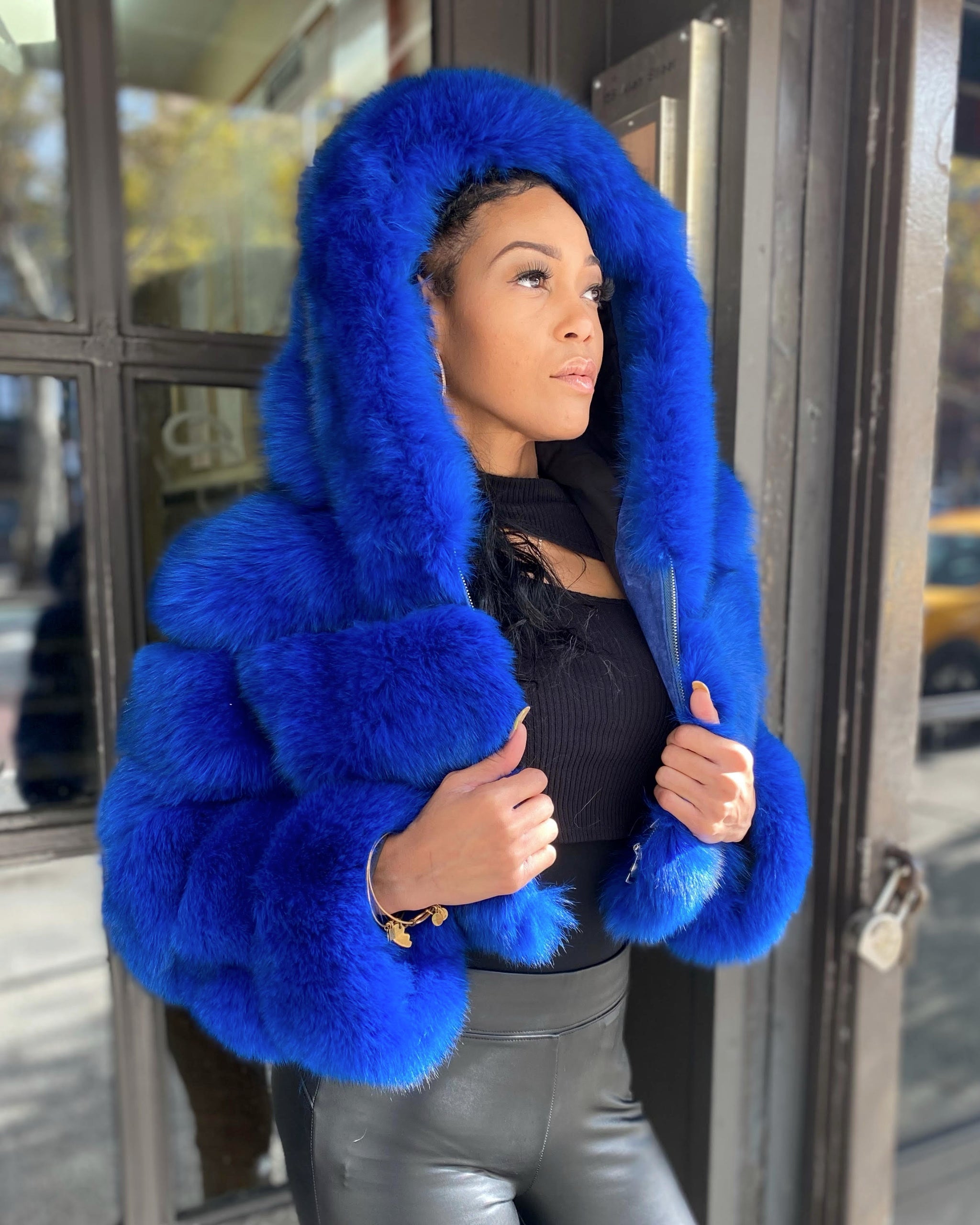 WOMEN CROP TOP- ELECTRIC BLUE FOX FUR WITH HOOD – DaRucci Leather
