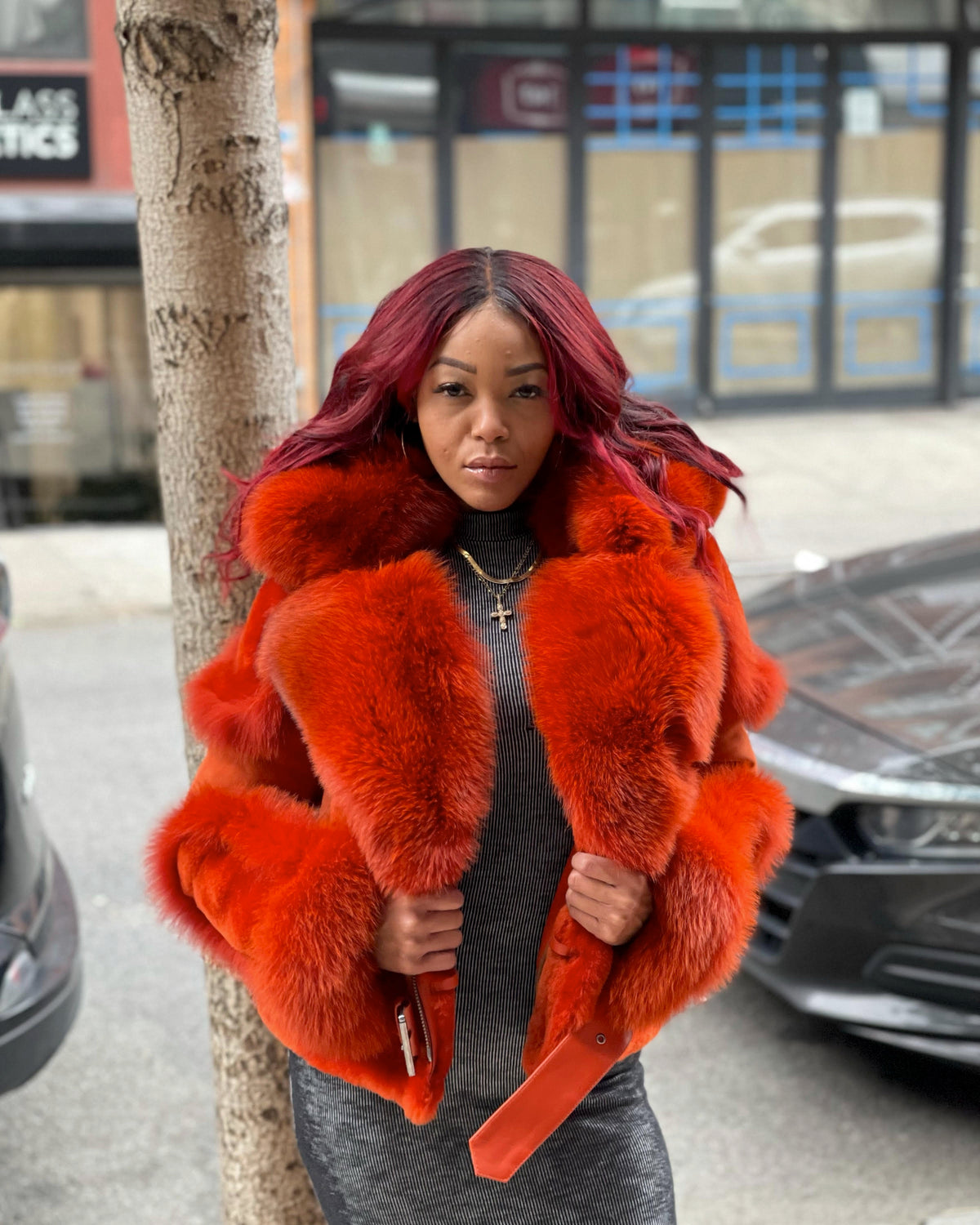 WOMEN SHEARLING- ORANGE BIKER STYLE WITH ORANGE FOX HOOD