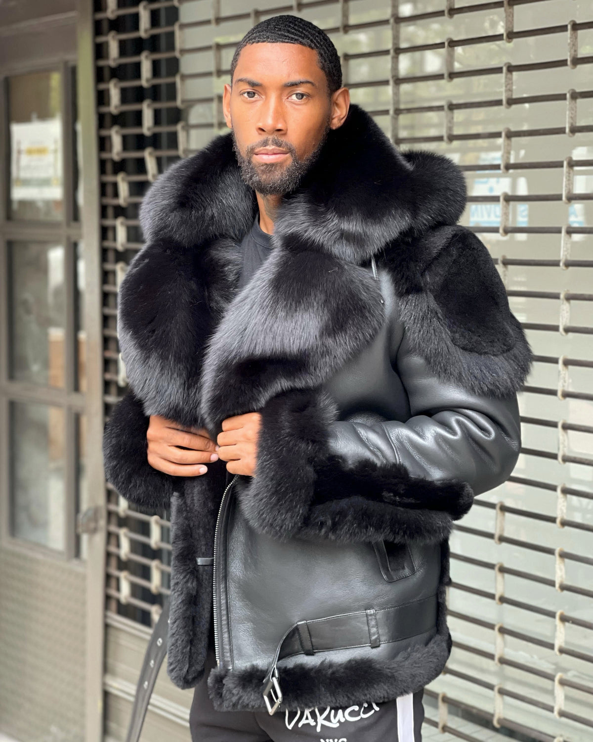 MEN SHEARLING- BLACK BIKER STYLE WITH BLACK FOX FUR & HOOD