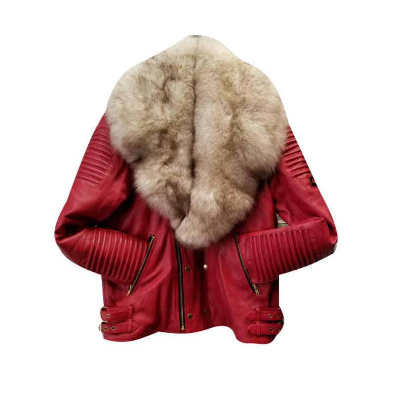 MEN RED- BIKER RIBBLES WITH OFF WHITE FOX FUR