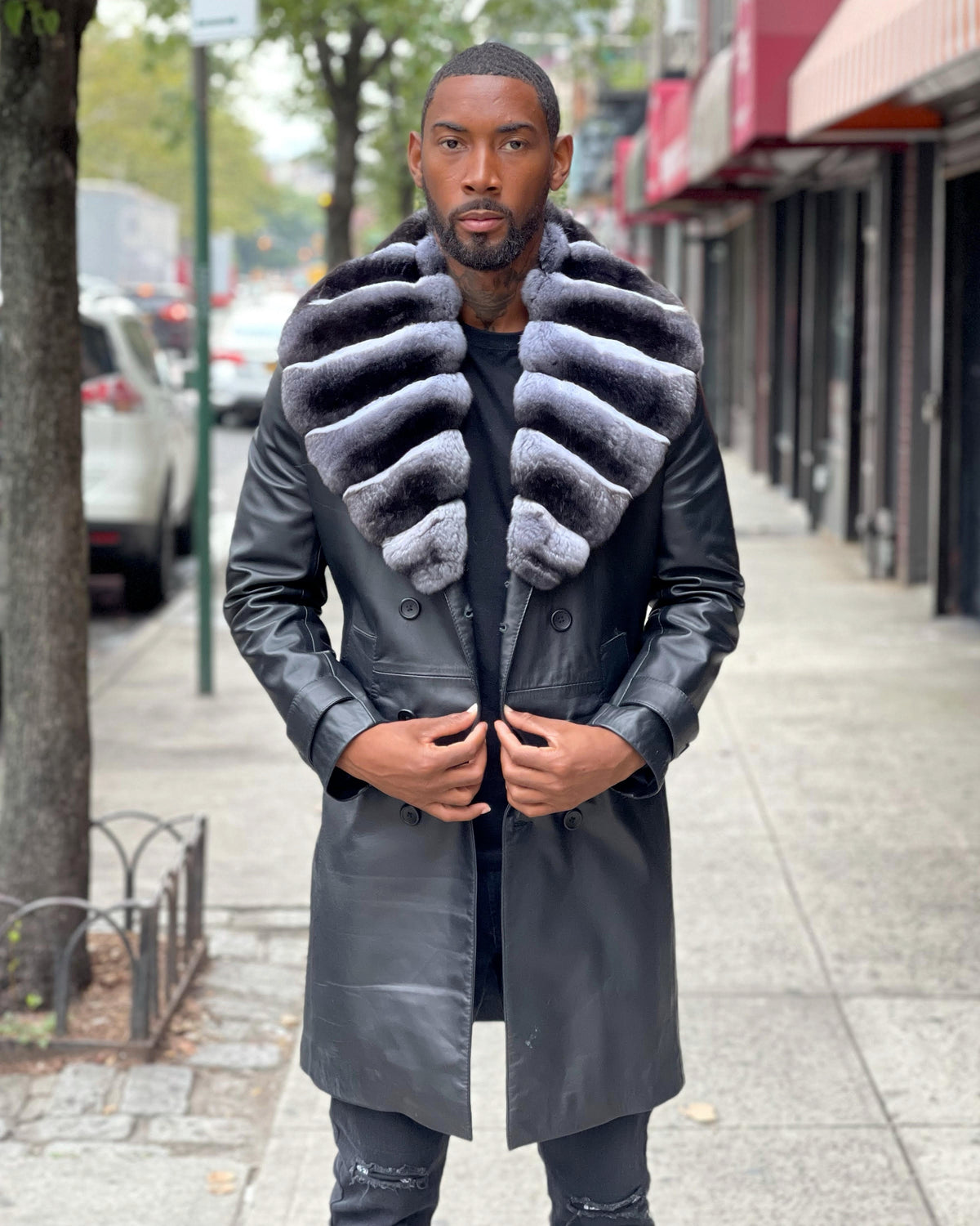 MEN LEATHER TRENCH 3/4 PEACOAT-  BLACK WITH CHINCHILLA COLLAR