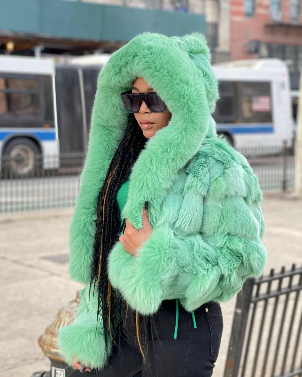 WOMEN - MINT GREEN FOX BOMBER WITH HOOD