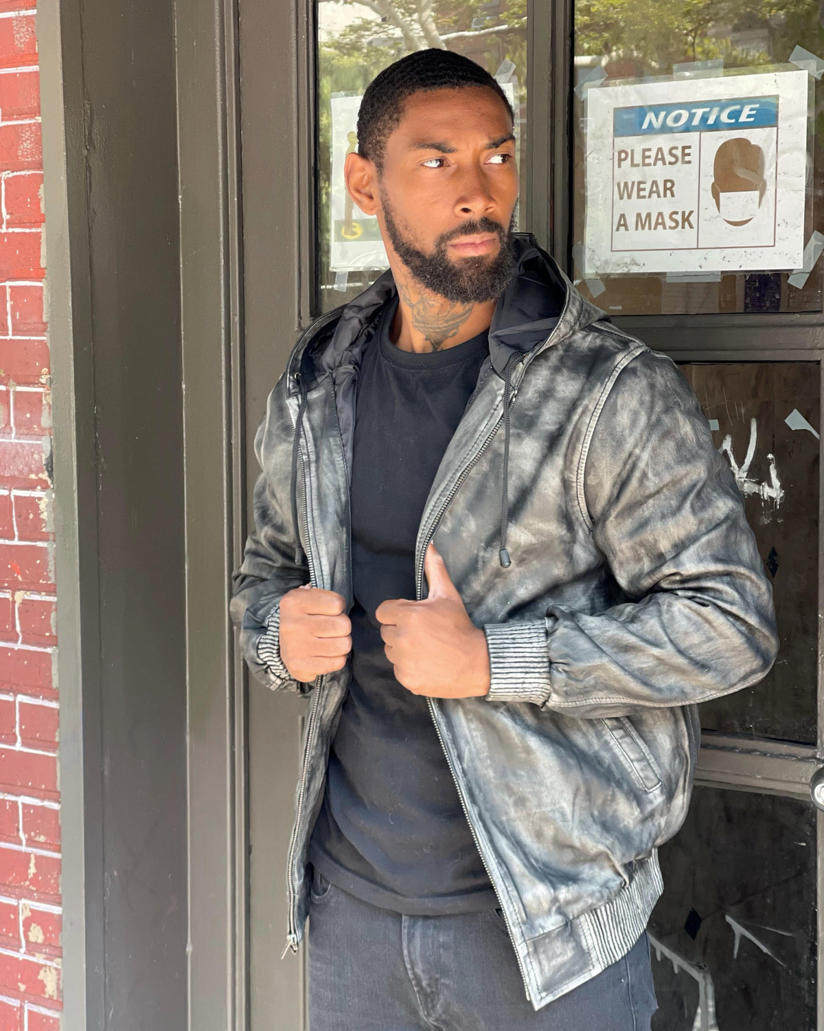 MEN LEATHER HOODIE- DISTRESSED BLACK