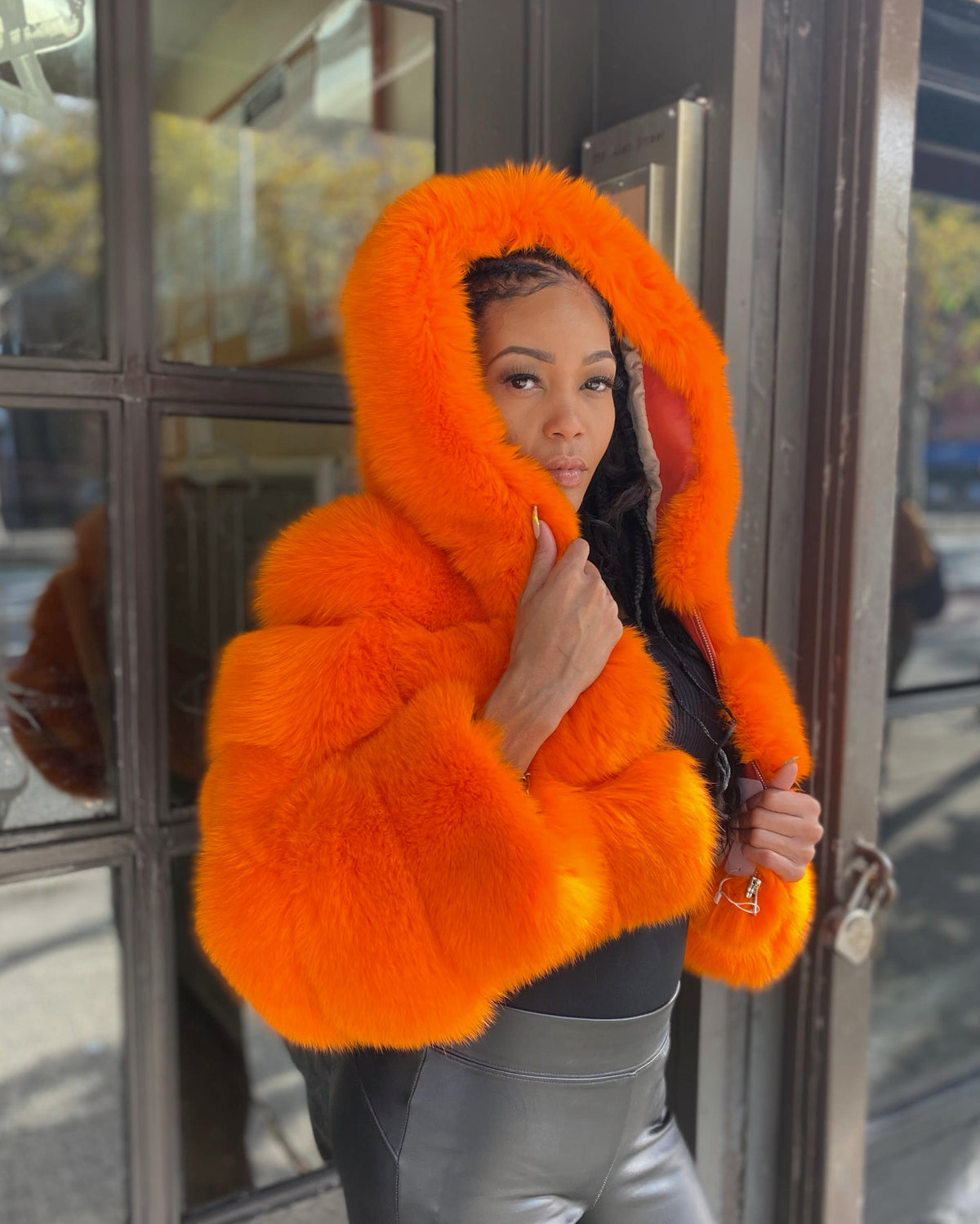 WOMEN CROP TOP- ORANGE FOX FUR WITH HOOD