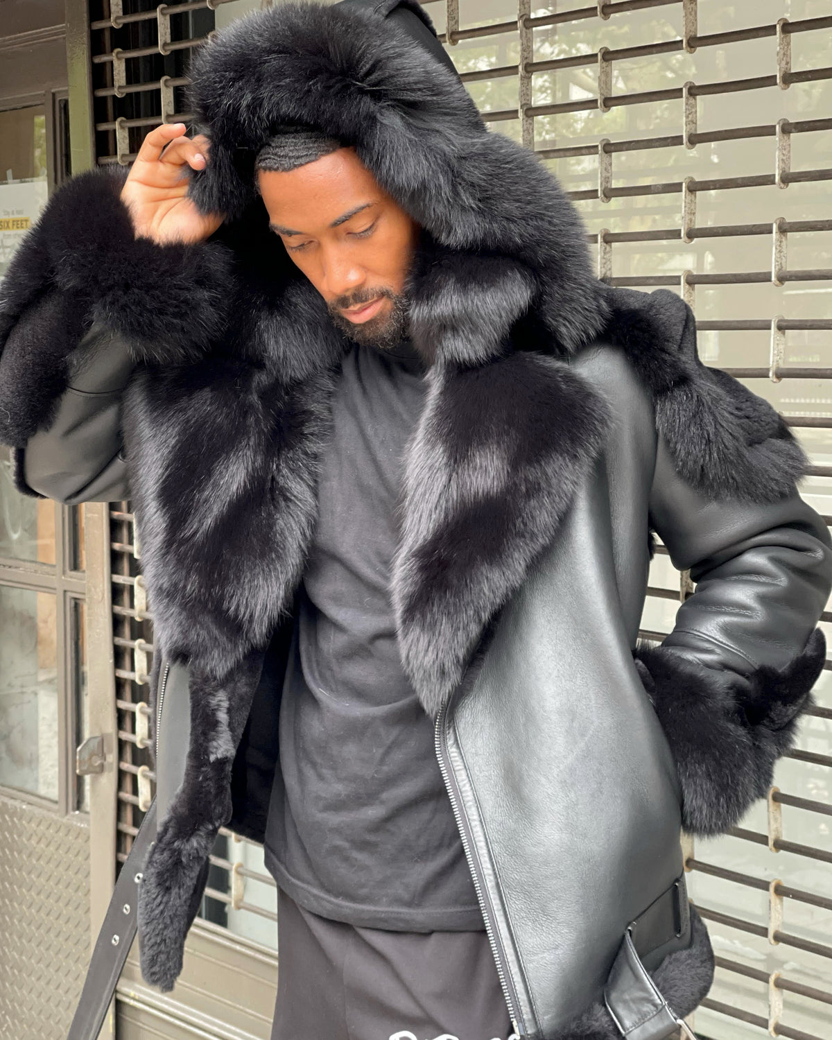 MEN SHEARLING- BLACK BIKER STYLE WITH BLACK FOX FUR & HOOD