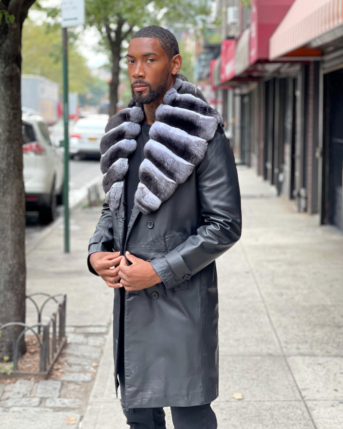 MEN LEATHER TRENCH 3/4 PEACOAT-  BLACK WITH CHINCHILLA COLLAR