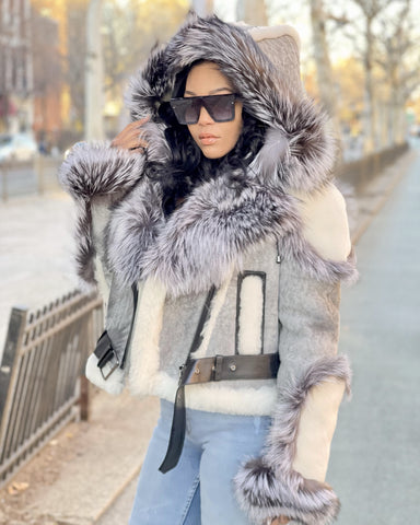 WOMEN SHEARLING- DISRESSTED GREY BIKER STYLE WITH SLIVER FOX HOOD