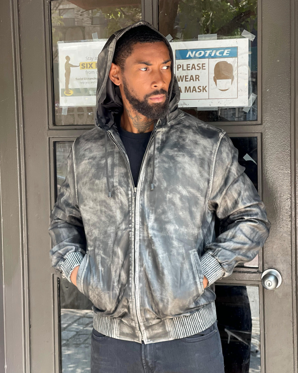 MEN LEATHER HOODIE- DISTRESSED BLACK