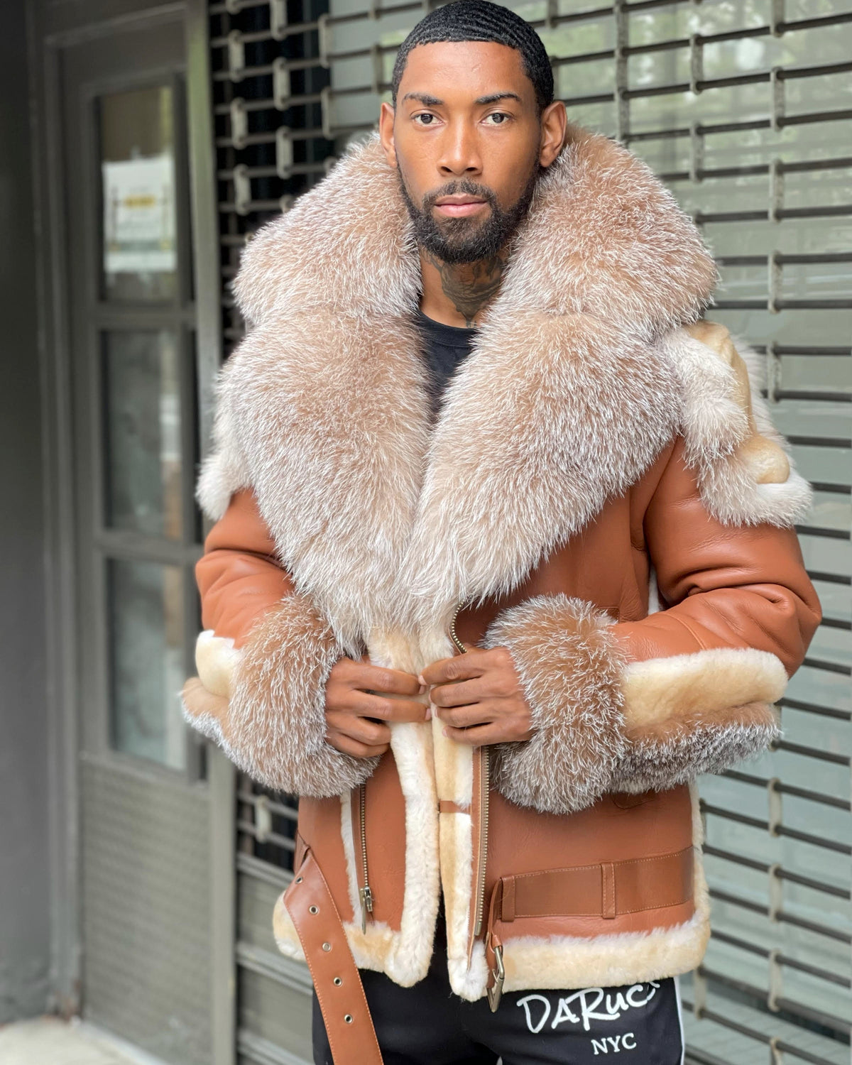 MEN SHEARLING- COGNAC BROWN BIKER STYLE WITH CRYSTAL FOX FUR & HOOD