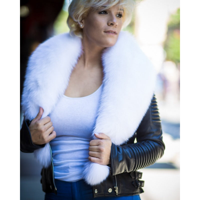WOMEN LEATHER- BLACK BIKER RIBBLES WITH WHITE FOX FUR