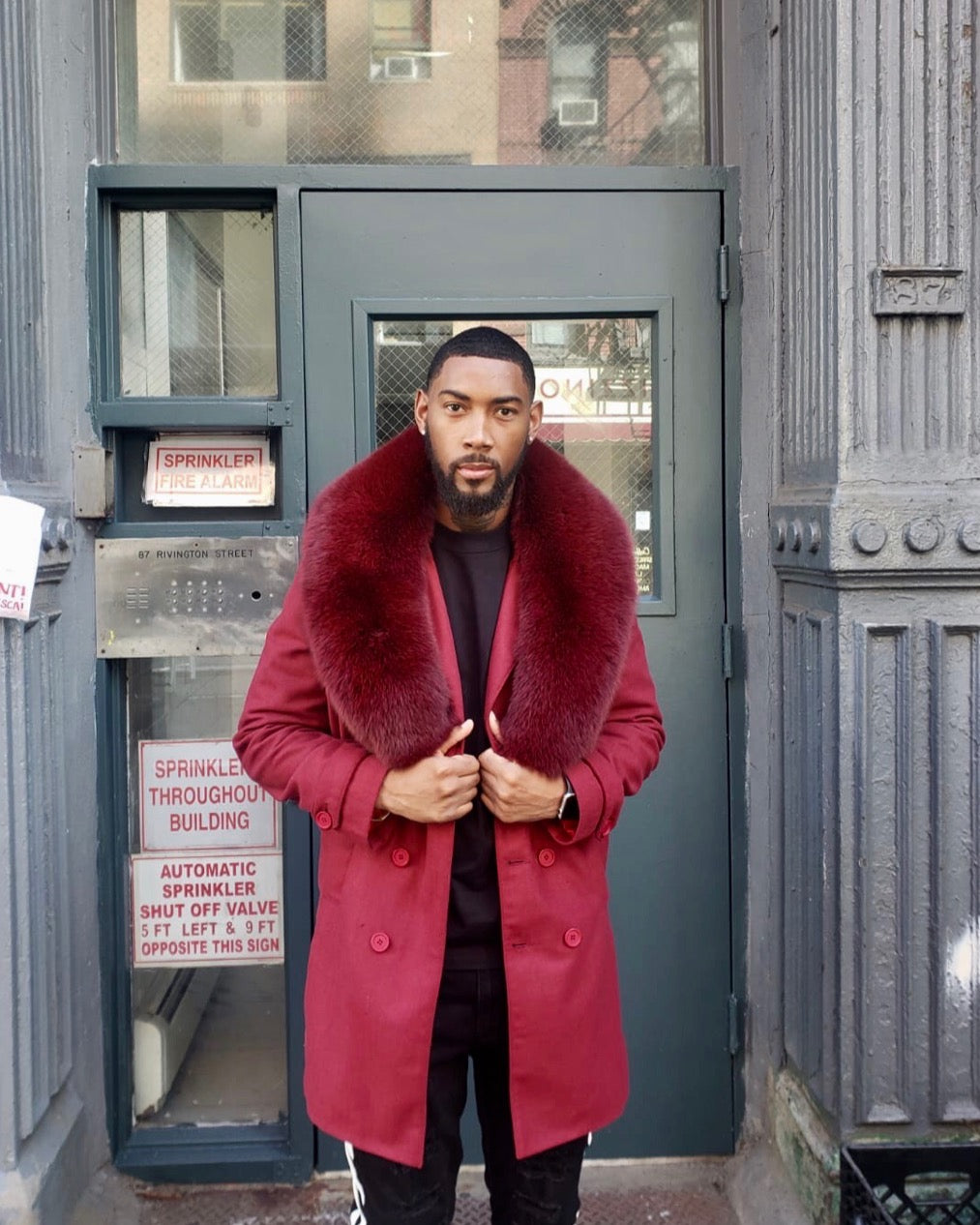 MEN TRENCH 3/4 PEACOAT-  BURGUNDY WITH BURGUNDY FOX FUR COLLAR