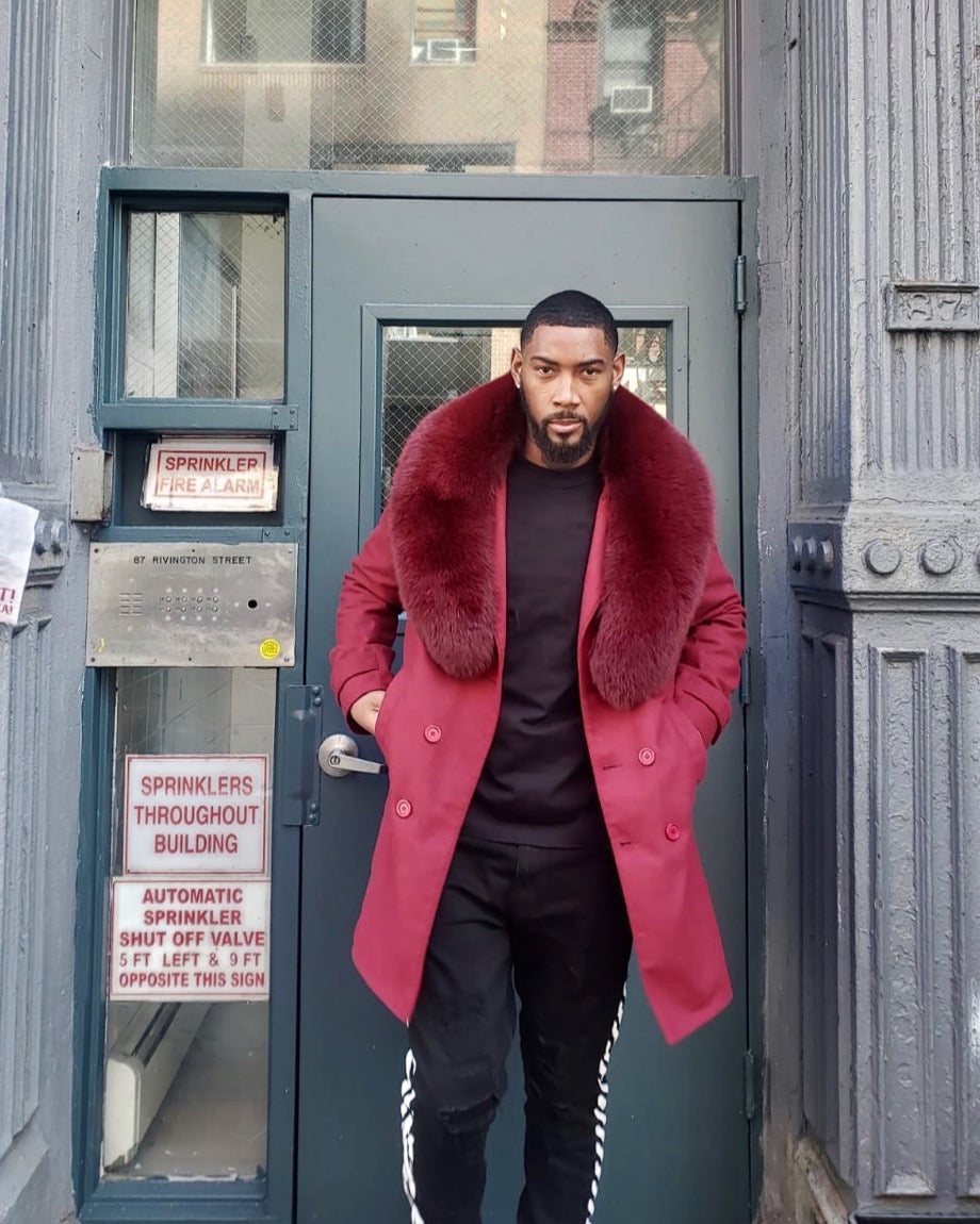 MEN TRENCH 3/4 PEACOAT-  BURGUNDY WITH BURGUNDY FOX FUR COLLAR