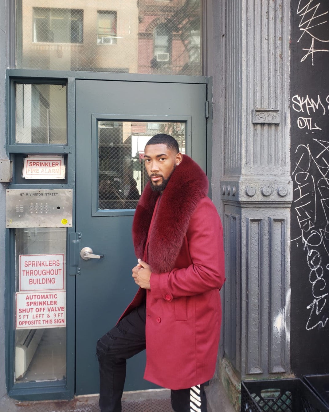 MEN TRENCH 3/4 PEACOAT-  BURGUNDY WITH BURGUNDY FOX FUR COLLAR