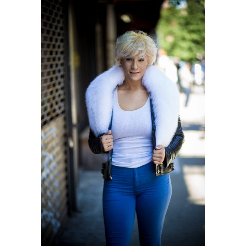 WOMEN LEATHER- BLACK BIKER RIBBLES WITH WHITE FOX FUR