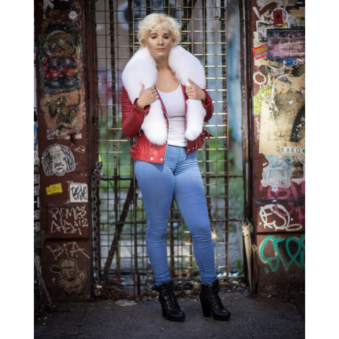 WOMEN LEATHER- RED BIKER RIBBLES WITH WHITE FOX FUR