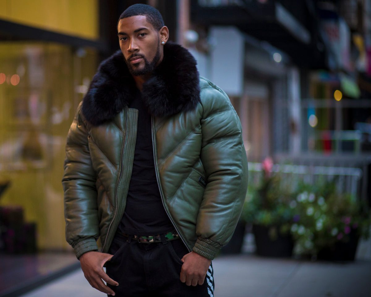 MEN V BOMBER- OLIVE GREEN ( BLACK FUR)