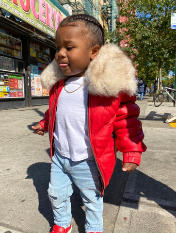 KIDS- RED V BOMBER WITH OFF WHITE FOX COLLAR
