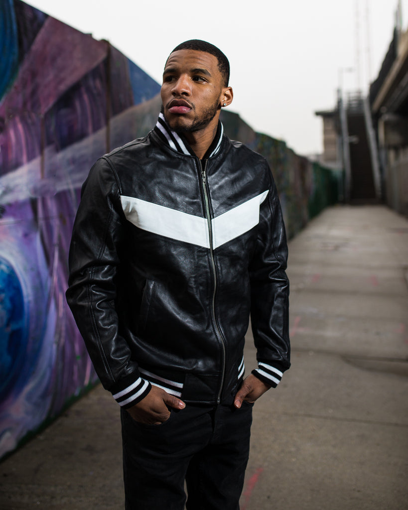 MEN V LEATHER JACKET- BLACK AND WHITE DaRucci Leather MEN V LEATHER JACKET- BLACK AND WHITE DaRucci Leather