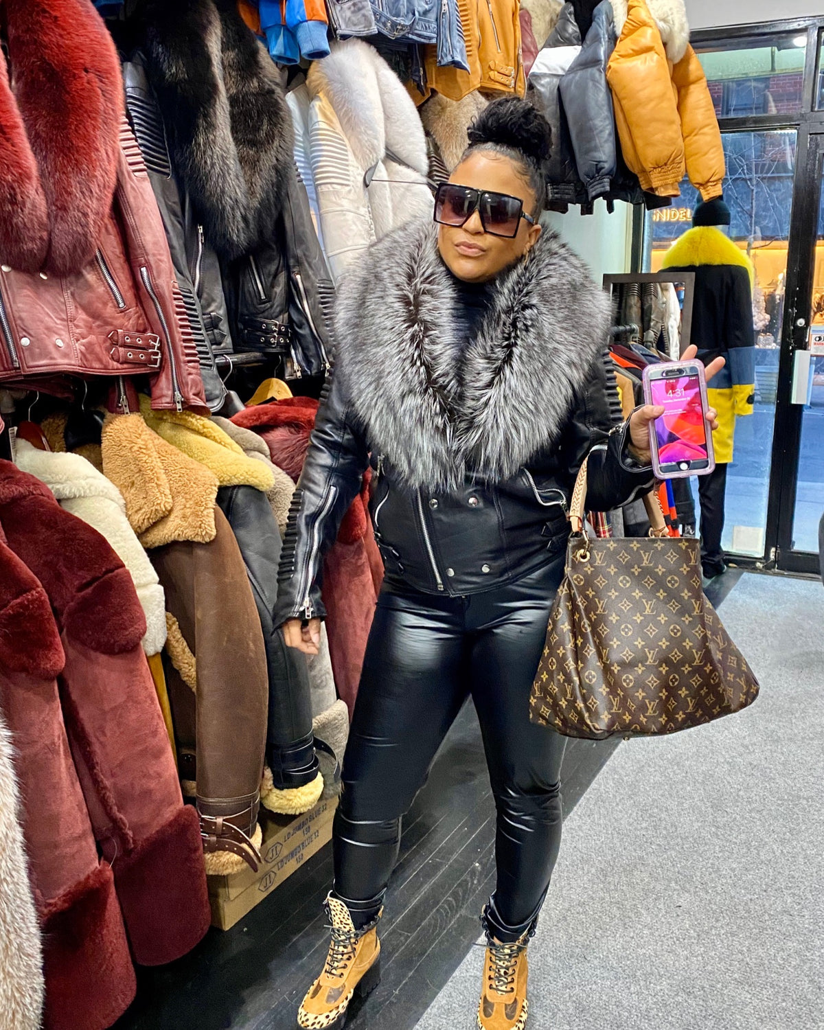 WOMEN LEATHER- BLACK BIKER RIBBLES WITH SLIVER FOX FUR