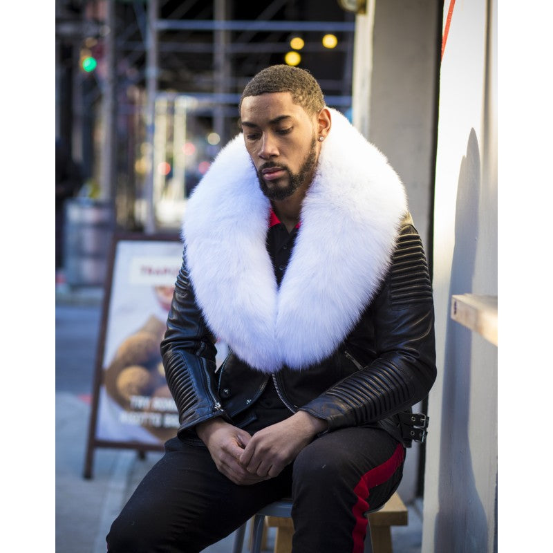 MEN BLACK- BIKER RIBBLES WITH WHITE FOX FUR – DaRucci Leather