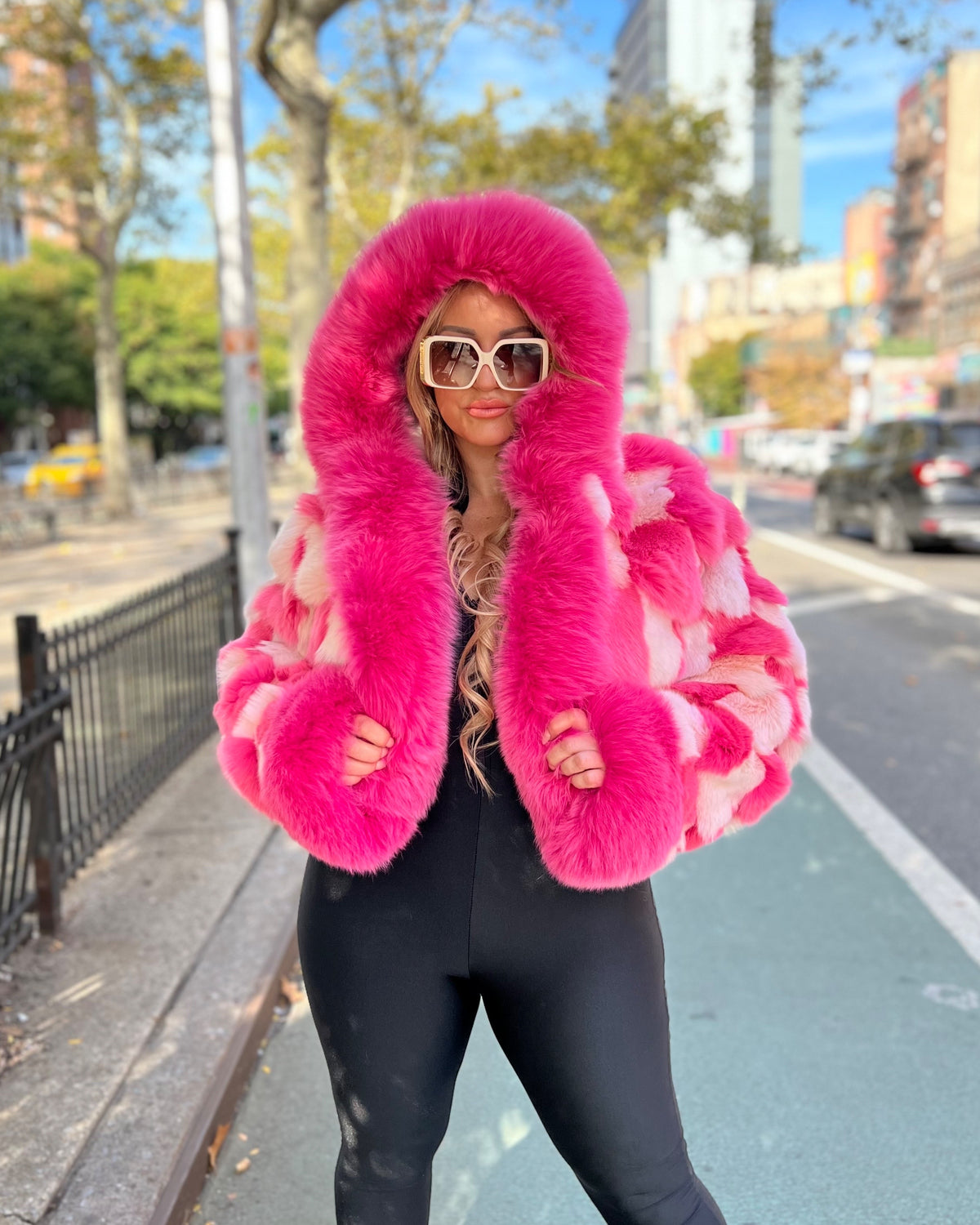 WOMEN -  TWO TONE PINK FOX BOMBER WITH HOOD