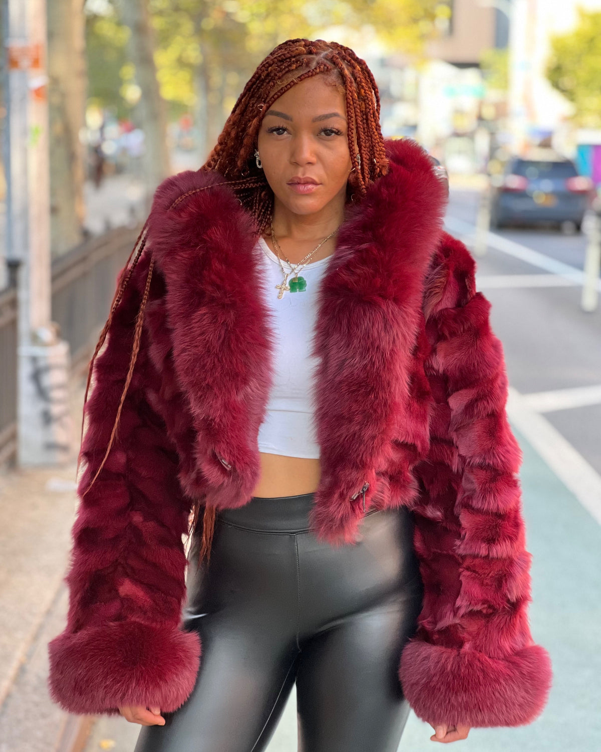 WOMEN -  BURGUNDY FOX BOMBER WITH HOOD