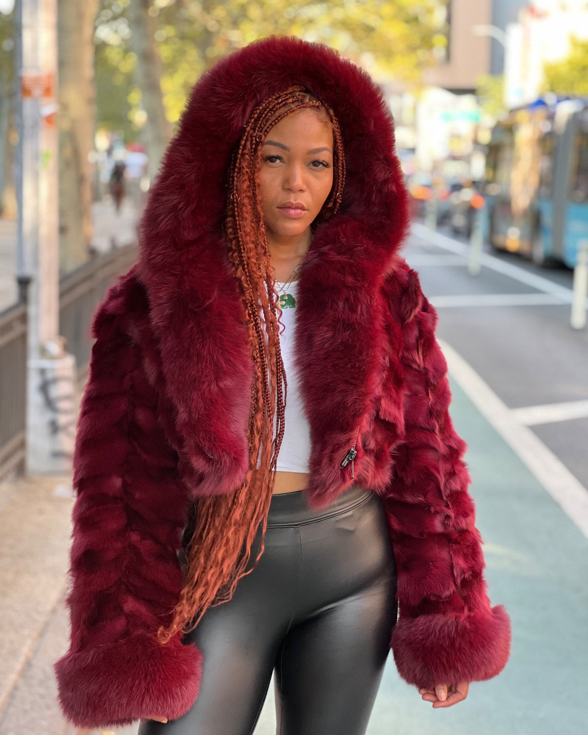 WOMEN -  BURGUNDY FOX BOMBER WITH HOOD
