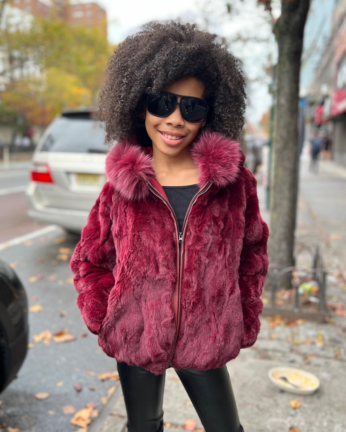 KIDS- BURGUNDY FUR WITH HOOD