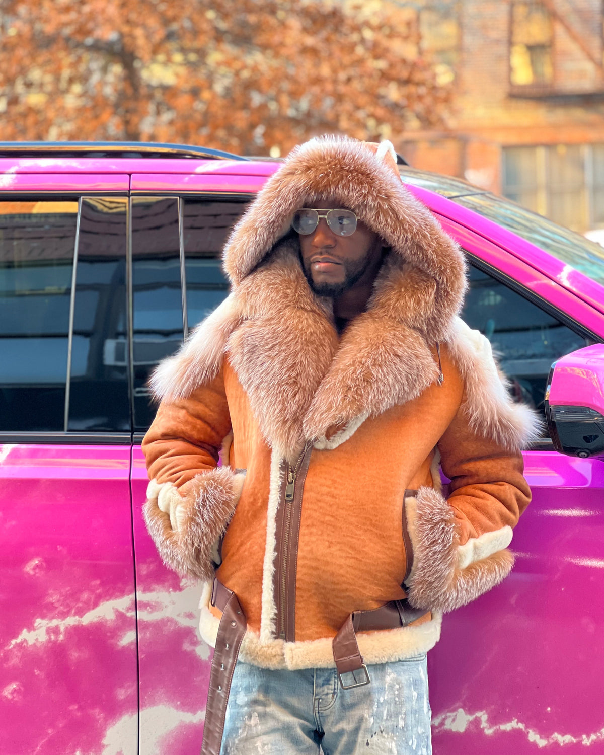 MEN SHEARLING- DISTRESSED COGNAC BIKER (CAMRON EDITION)