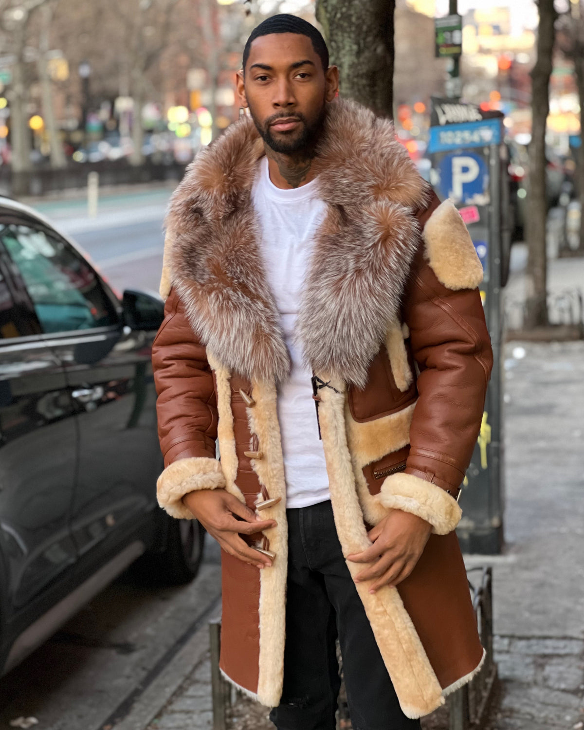 MEN SHEARLING- COGNAC 3/4 WITH CRYSTAL FOX NO HOOD