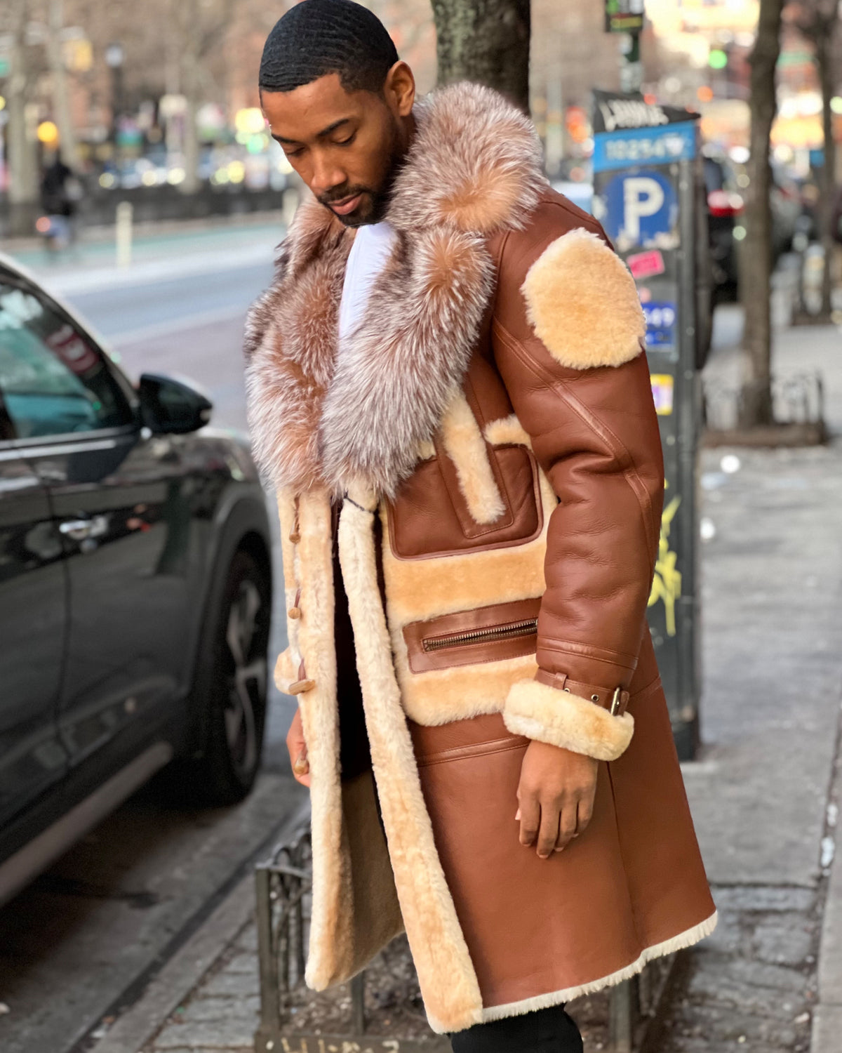 MEN SHEARLING- COGNAC 3/4 WITH CRYSTAL FOX NO HOOD
