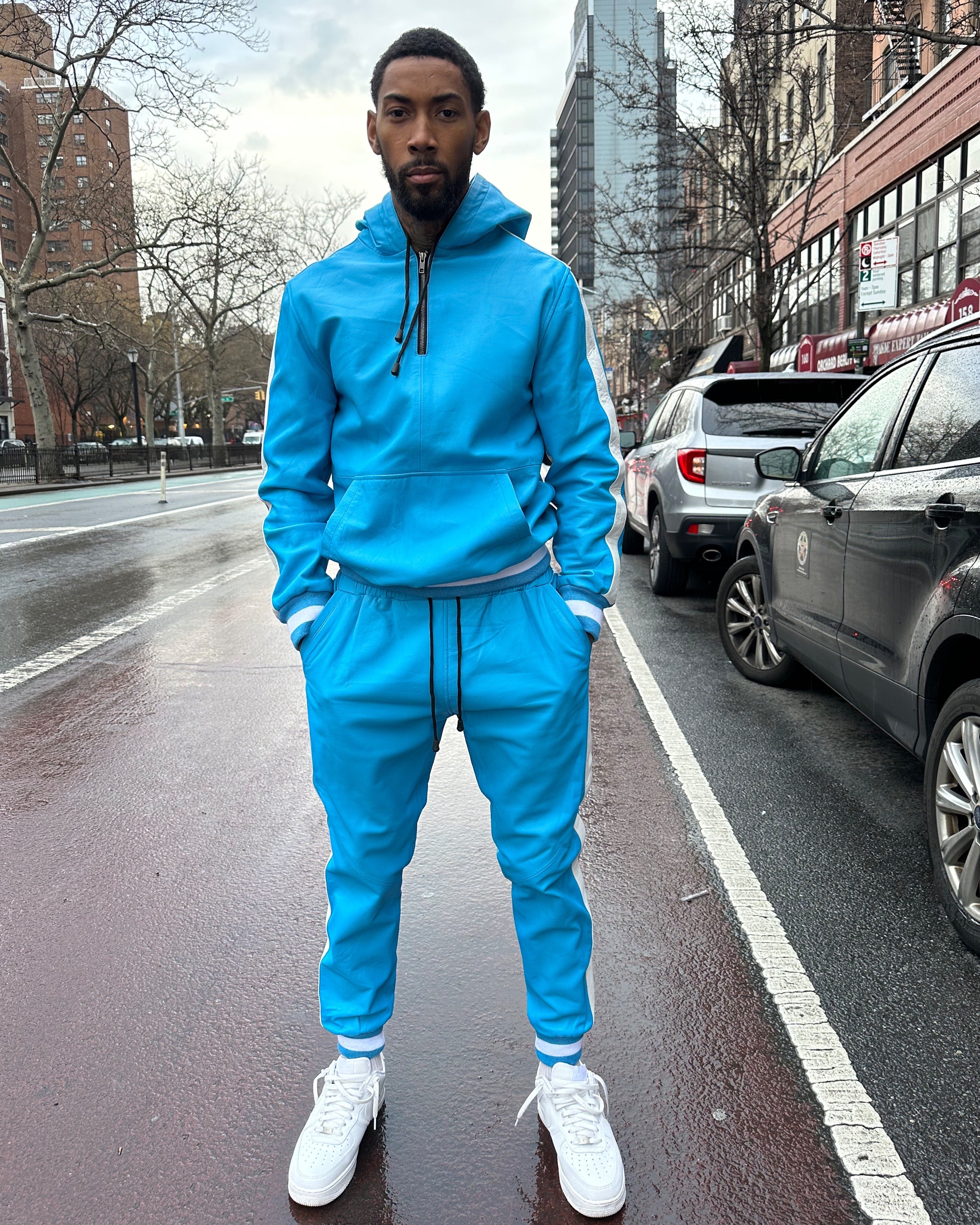MEN LEATHER SUIT- BABY BLUE & WHITE