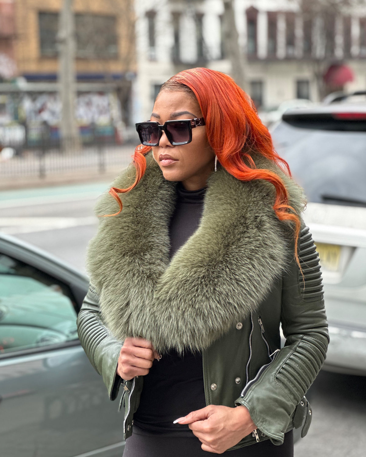 WOMEN LEATHER- OLIVE GREEN BIKER RIBBLES WITH OLIVE GREEN FOX FUR