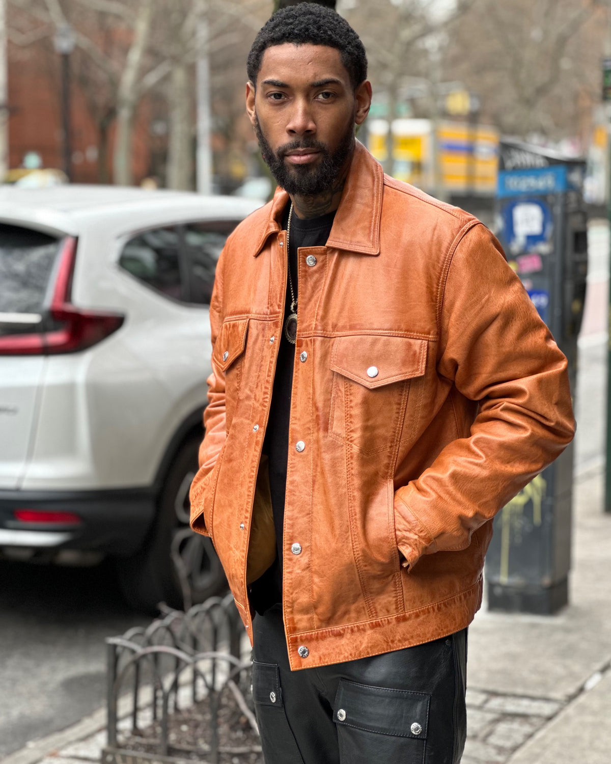 MEN LEATHER DENIM STYLE- COGNAC