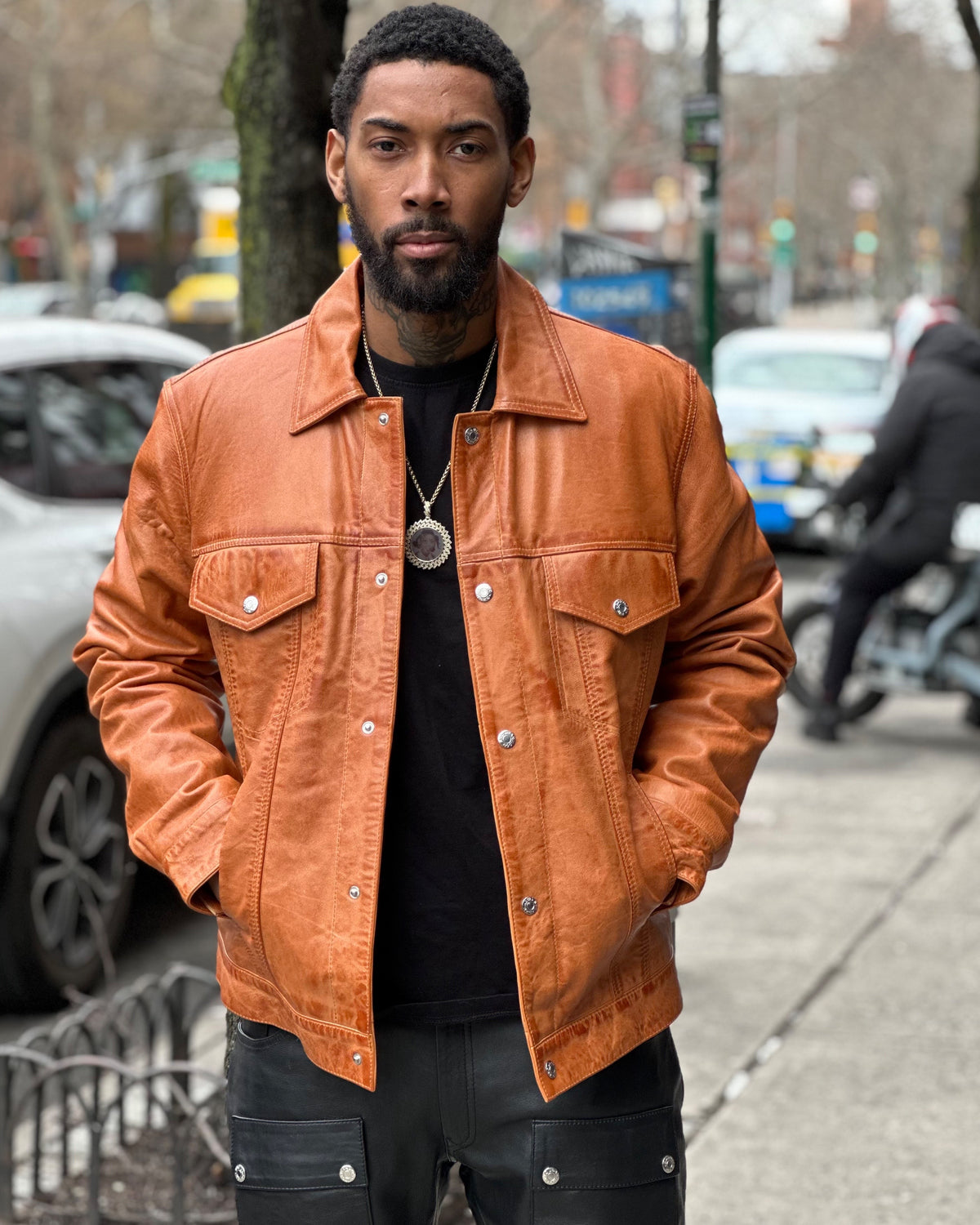 MEN LEATHER DENIM STYLE- COGNAC
