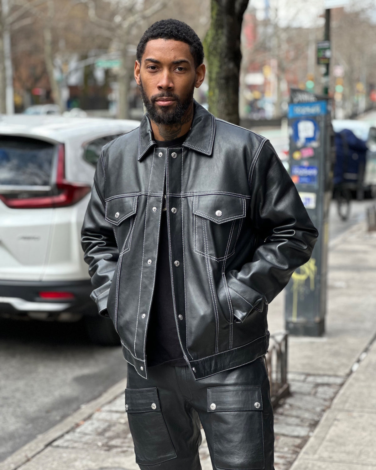 MEN LEATHER DENIM STYLE- BLACK